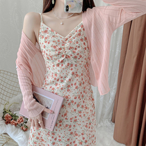 Floral suspender dress two-piece summer outer blouse gentle wind lady beach skirt seaside holiday super fairy