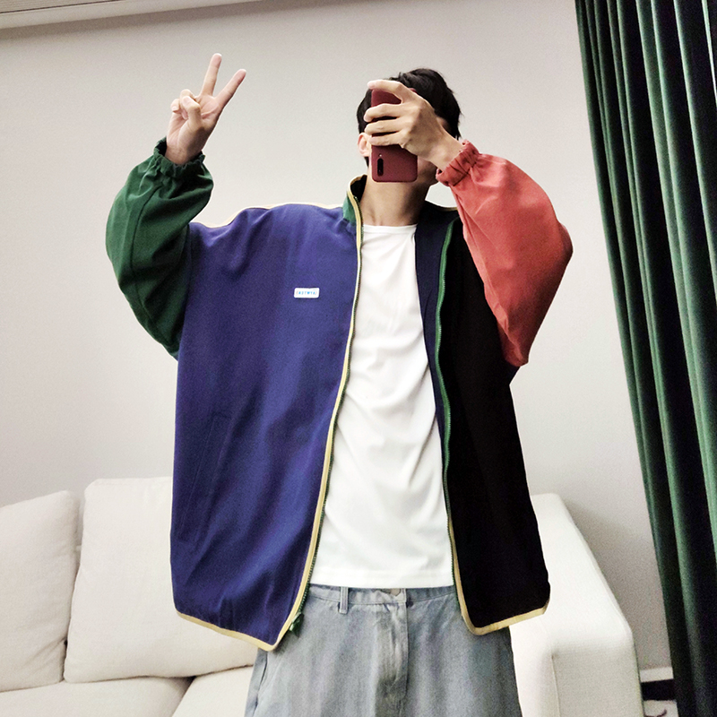 Spring new ruffian handsome loose color matching stand collar cotton double-sided reversible jacket men's jacket INS trend couple