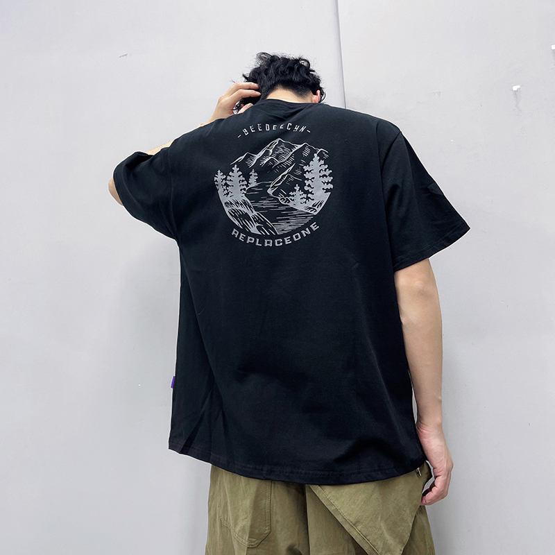 PGUP STUDIO Summer Guotio High Street Too Handy and Round Cotton Snow Mountain Printing Short Snowshirt Men