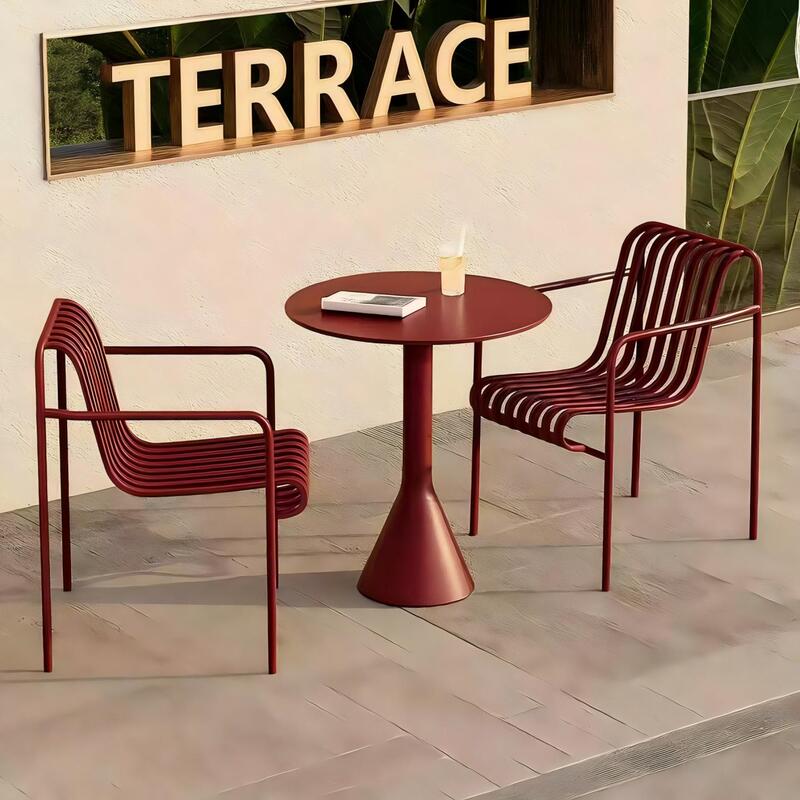 Outdoor Tables and Chairs, Courtyard Garden Leisure Chairs, Red Milk Tea Shop, Popular Coffee Shop Outdoor Display, Wrought Iron Table and Chair Set