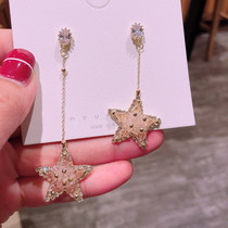 925 Silver Needle Korea East Gate Pink Blue Crystal Asymmetric Five-pointed Star Temperament Long Earrings Earrings Earrings