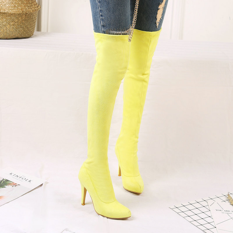 Large and Small Sizes Autumn and Winter Women's Pink, Yellow, Black, Gray, Purple Candy-Colored Stiletto Heels, Matte Elastic Over-The-Knee Long Boots
