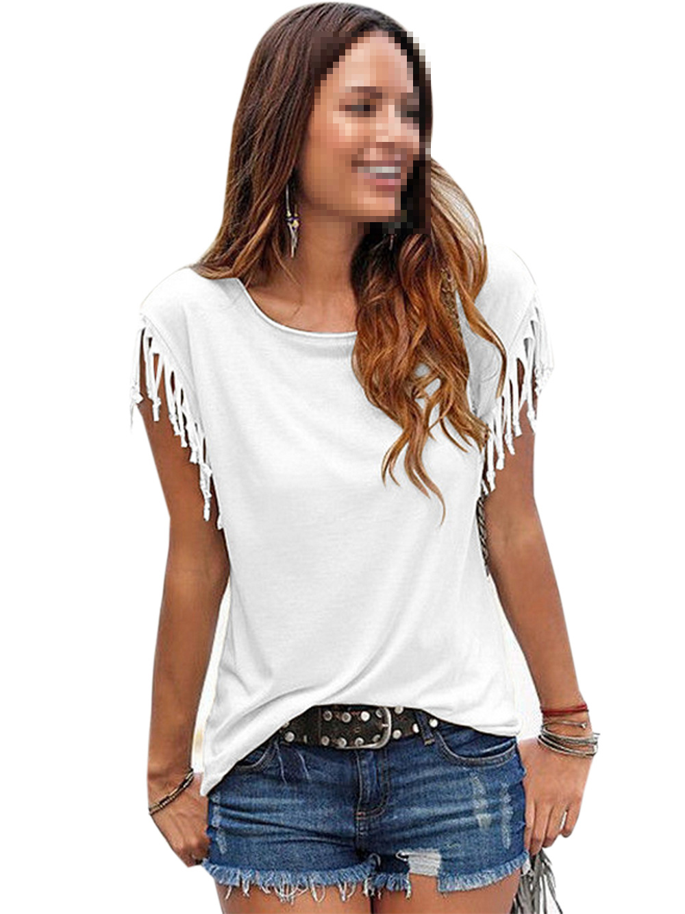 Fashion Women Short tassel Sleeve Loose Casual T-shirt Ladies Summer ...