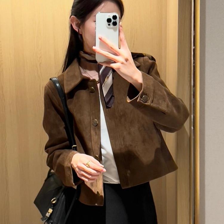 Suede Short Jacket for Women, Spring and Autumn, Loose Fit, Sweet and Cool American Retro Style, Petite Brown Thin Jacket