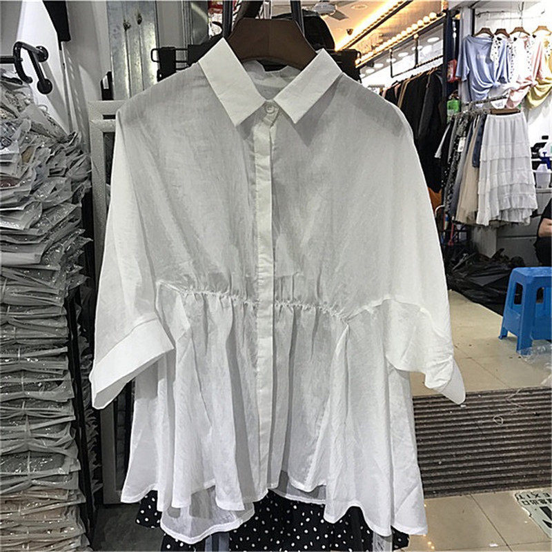 Eu version white collection waist micro-transparent snow spinning shirt female summer dress 2021 Temperament Loose Slim Fit Blouse Dollshirt