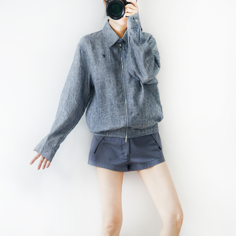 Muyiyi Autumn Fashion Square Neck Linen Denim Color Double Zipper Short Long Sleeve Elastic Hem Jacket Coat