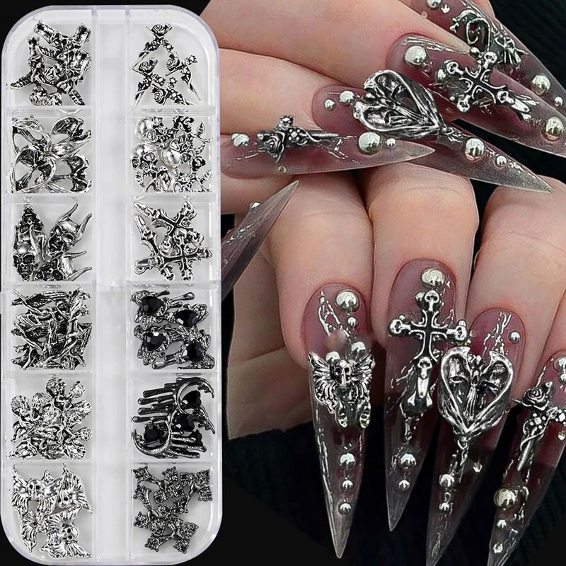 12Grid 3D Halloween Punk Retro Alloy Cross Nail Charms Y2k G 12Grid 3D Halloween Punk Retro Alloy Cross Nail Charms Y2k G