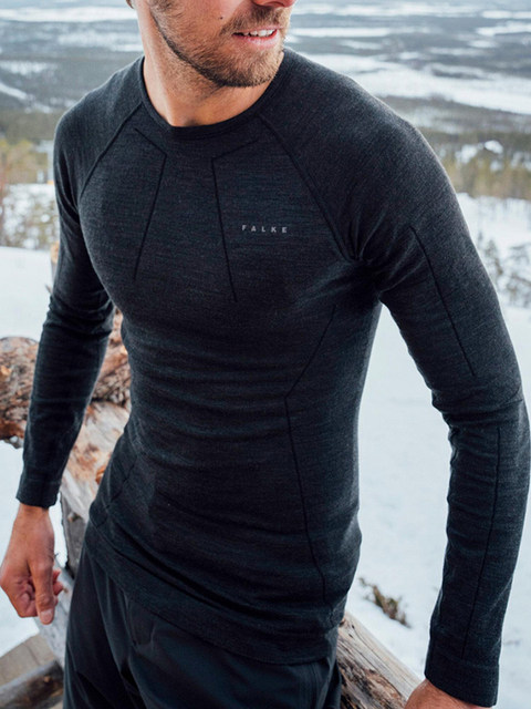 German Imported Falke Wool-Tech Lightweight 55% Wool Thermal Crew Neck Base Layer Top for Men