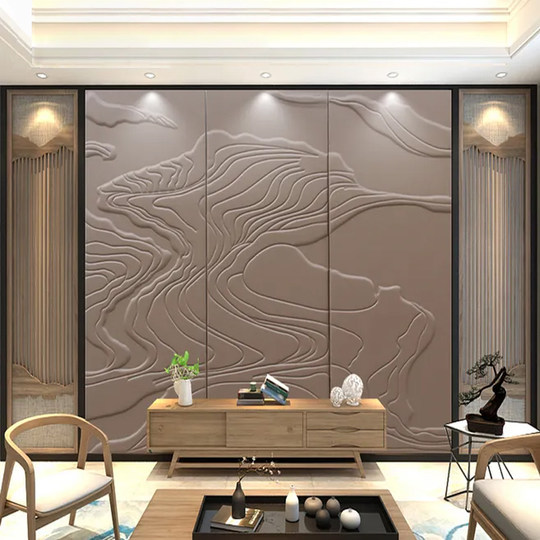 Chinese-style light luxury leather carving background wall relief hard-packed background wall TV sofa living room soft-packed duplex building background wall