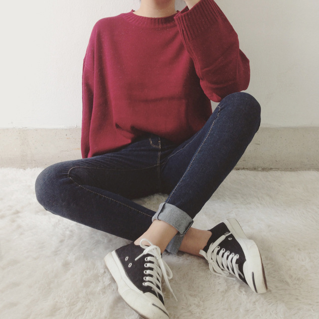 Mùa thu và mùa đông mới của Hàn Quốc phiên bản của trường phong cách retro màu sắc hoang dã lỏng dài tay đơn giản áo thun áo len áo len phụ nữ áo khoác len cardigan