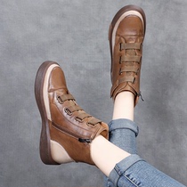 Retro genuine leather small short boots soft leather high helping flat bottom Inn wind with thick bottom plus suede Martin boots female cotton boots