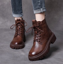 Exploits genuine leather Martin boots female soft bottom 100 lap heel single boot 2021 autumn winter new head layer cow leather thick bottom short boot
