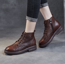Genuine leather hollowed-out cool boots woman 2022 new head layer cow leather short boots retro Inron fashion 100 hitch casual Martin boots
