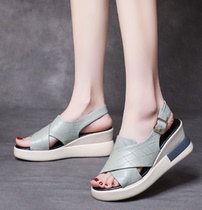 Real leather slopes heel sandals women 2022 Summer new thick bottom heels 100 hitch soft bottom casual sports Roman fish mouth shoes
