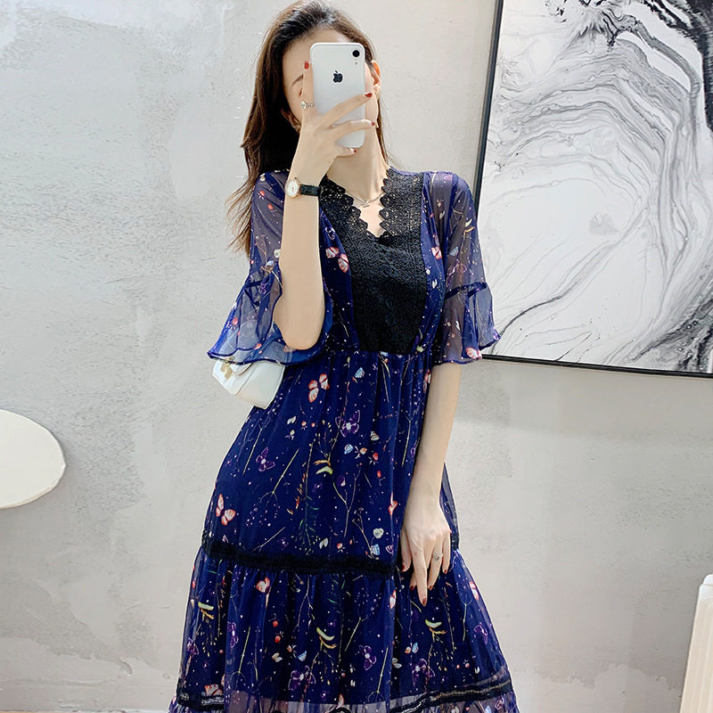 SandroBeytagh Snow Spinner Crush Ocean 2022 Summer Specify Lace V-collar Leaf Sleeve Printing Long Dress