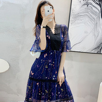 SandroBeytagh Chiffon Floral Dress 2021 Summer Stitching Lace V-neck Ruffle Sleeve Printed long skirt