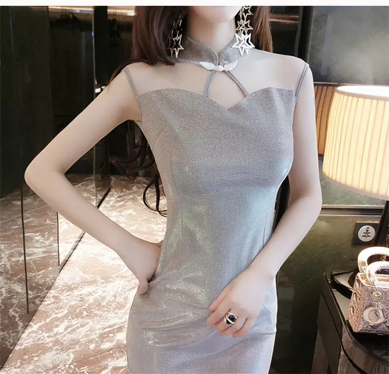 Mùa hè 2018 sản phẩm mới nữ trang trí cơ thể khuôn mặt sáng sủa cải tiến ngắn sườn xám gợi cảm lĩnh vực váy ngủ siêu rỗng