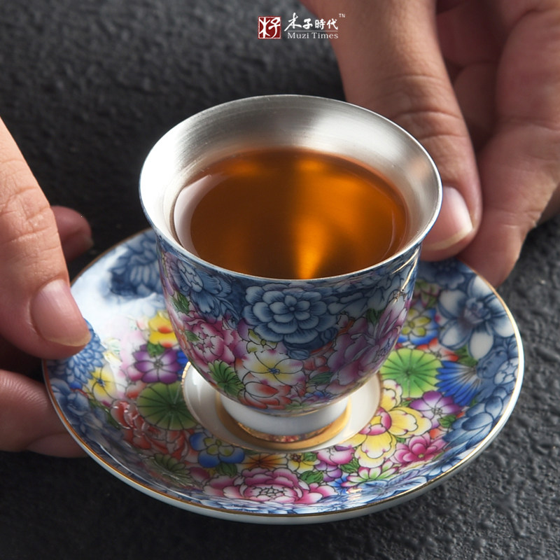 Wan Purple Red Pure Silver Tea Cup Ceramic Cup Disc master's cup Single cup Tea drinking cup inlaid silver Gongfu tea with a silver cup