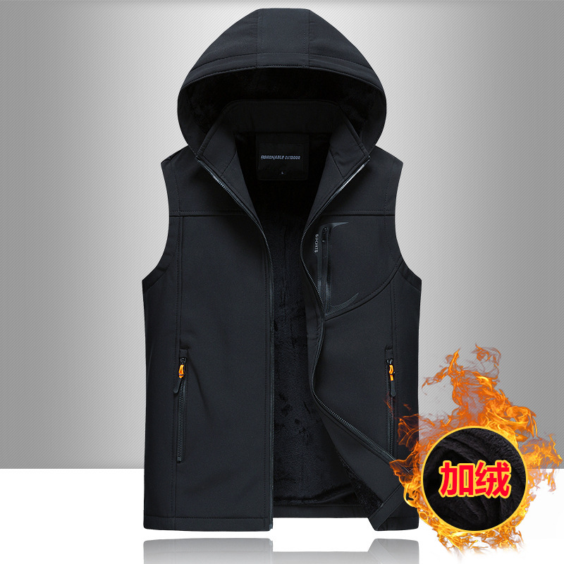 Autumn and Winter Casual Outdoor Vest, Sports Fleece-Lined Warm Hooded Windproof Soft Shell Outerwear Vest for Men