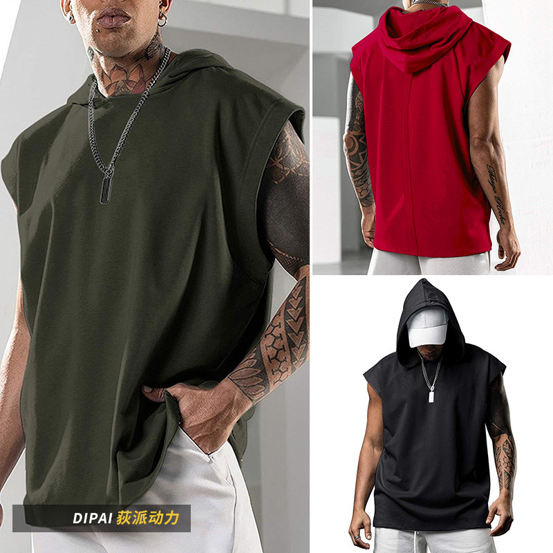 Sports Fitness Hooded Vest Men's Casual Training Sleeveless T-Shirt Running Hip-Hop Hooded Vest Loose Top Cotton