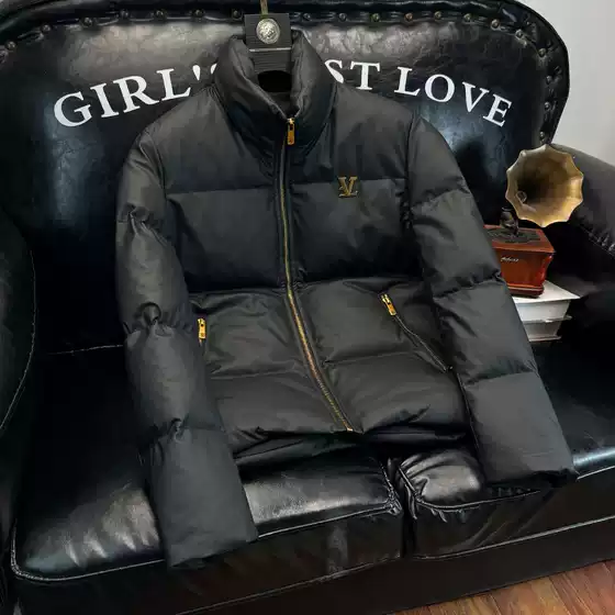 European-Style High-End Stand-Up Collar Leather Jacket down Coat for Men, Winter Fashion, Trendy Brand, White Duck Down, Thickened and Warm Outerwear