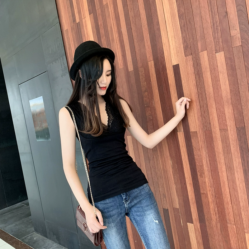 Cộng với nhung dày đồ lót nhiệt gợi cảm sâu V-cổ ren khâu vest dây đeo của phụ nữ không tay đan đáy áo áo khoác jean nữ