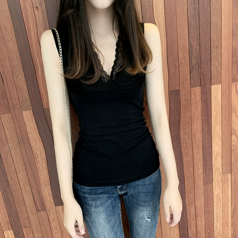 Cộng với nhung dày đồ lót nhiệt gợi cảm sâu V-cổ ren khâu vest dây đeo của phụ nữ không tay đan đáy áo áo khoác jean nữ