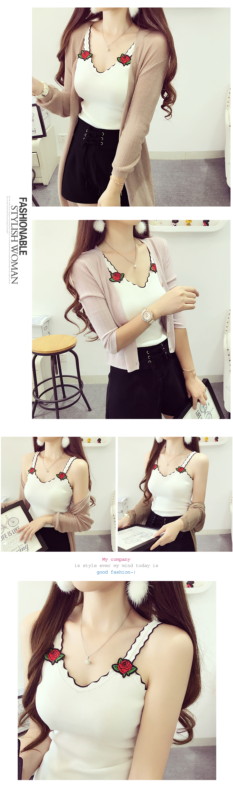 Mùa hè mới thêu hoa hồng lượn sóng cổ chữ V đan áo vest nữ ngắn đoạn mặc áo sơ mi chạm đáy áo khoác nỉ nữ
