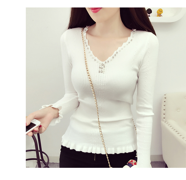 Mùa thu và mùa đông phụ nữ mới đính cườm cổ chữ V bằng gỗ xoắn tay áo len dài tay Áo len ngắn chạm đáy áo thủy triều áo len lông