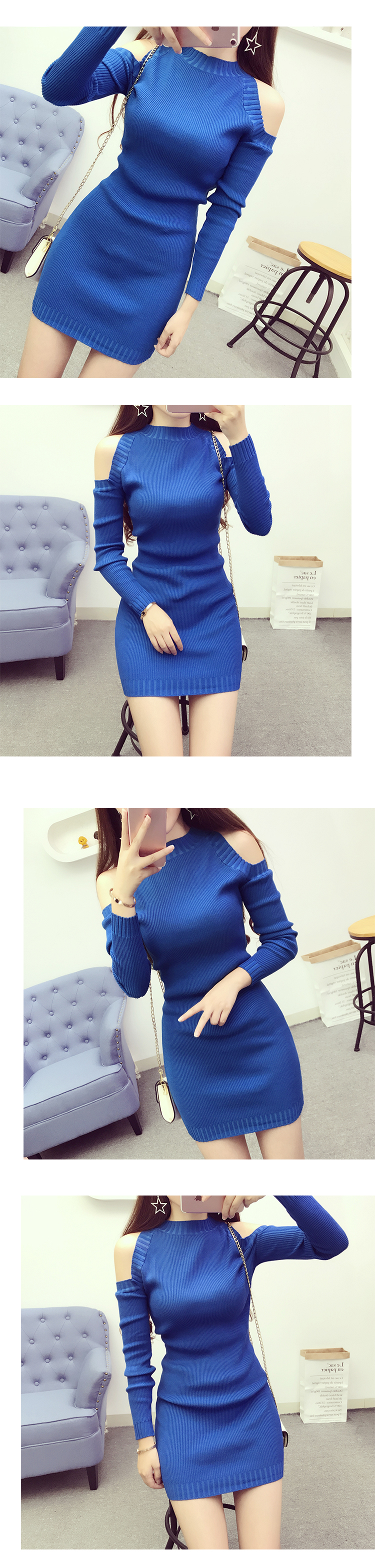 Nửa cao cổ áo treo cổ quây dài tay đan đầm mùa thu và mùa đông mới 2017 Hàn Quốc Slim trung dài đáy áo quần váy