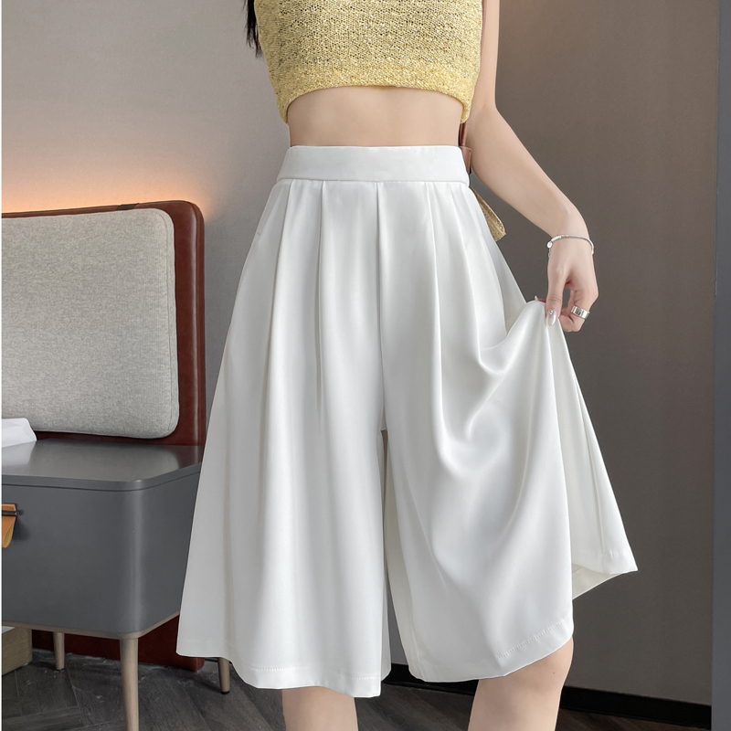 White Ice Silk Wide-Leg Pants for Women, Summer Thin Style, Petite Mid-Length Pants, High-Waisted, Slimming, Loose, Casual, Seven-Point Pants Skirt
