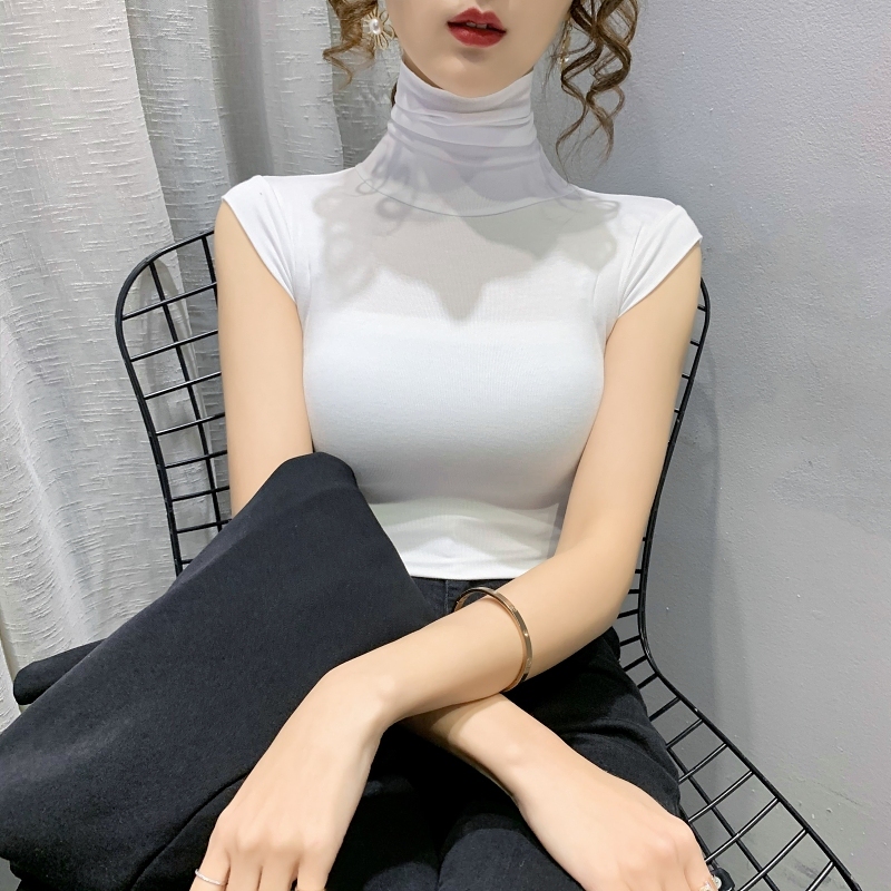 Pure Cotton White T-Shirt for Women, Short-Sleeved, 2026 Summer New Style, Stylish Tight-Fitting Sleeveless Top, High-Neck Base Shirt for Layering