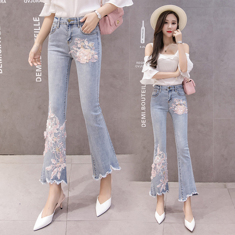 2022 spring and autumn new elastic slim fit slim three-dimensional embroidered nine-point wide-leg jeans women's high-waisted micro-flare pants