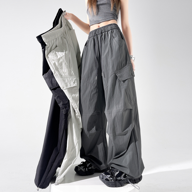 American-Style Quick-Drying Cargo Pants for Women, Summer Thin Loose Fit, Slimming Casual Wide-Leg Pants, High-Waisted Versatile Jogger Sweatpants