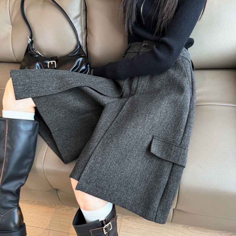 Fake Two-Piece Gray Woolen Workwear Wide-Leg Pants for Women, Autumn and Winter, Petite Five-Point Mid-Length Pants, Loose Straight-Leg Six-Point Pants Skirt