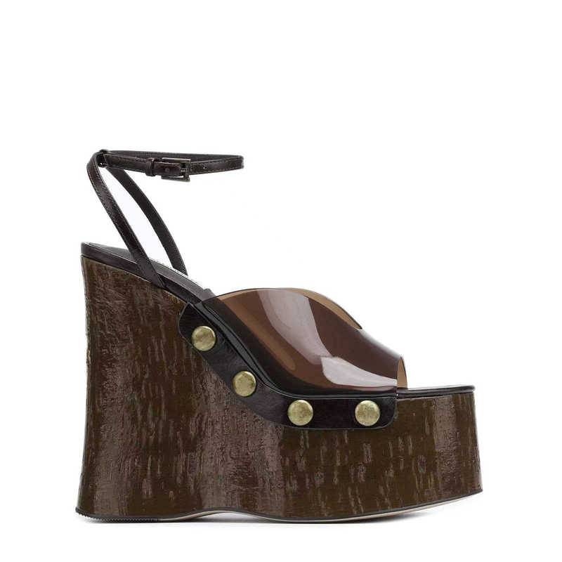 European and American Style High-Heeled Sandals with Thick Soles, Wood Grain Waterproof Platform Wedge Sandals, Metal Rivet Buckle, Transparent Platform Heels for Women European and American Style High-Heeled Sandals with Thick Soles, Wood Grain Waterproof Platform Wedge Sandals, Metal Rivet Buckle, Transparent Platform Heels for Women