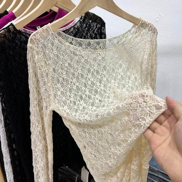 Round neck sexy see-through crochet lace shirt women's long sleeve 2024 summer new sexy slim inner mesh bottoming shirt