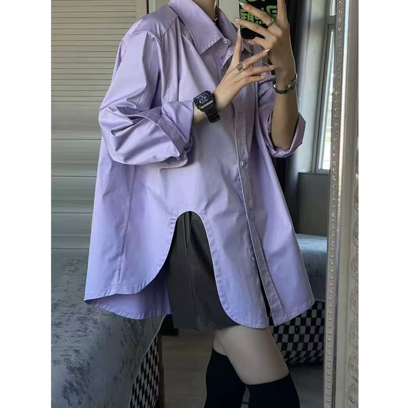Lavender Purple Long-Sleeved Shirt with Groove Design for Women, Versatile Mid-Length Unique Sun-Protective Shirt Top for Spring and Summer