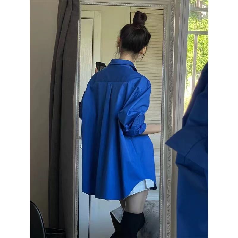 Prussian Blue Klein Blue Long Sleeve Shirt for Women 2026 Autumn/Winter Shirt Casual Chic Top