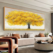 Living room sofa pure hand-painted oil painting golden hair fortune tree horizontal version large three-dimensional decorative painting modern luxury cash cow