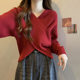 Early autumn cross design V-neck red gentle sweater for women in autumn and winter lazy style base knitted sweater