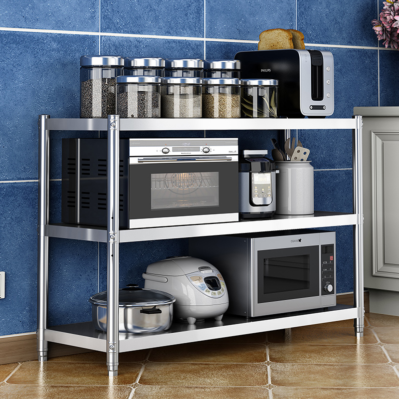Three-layer kitchen shelving stainless steel shelf floor multilayer integral cabinet multifunction hearth microwave containing layer shelf