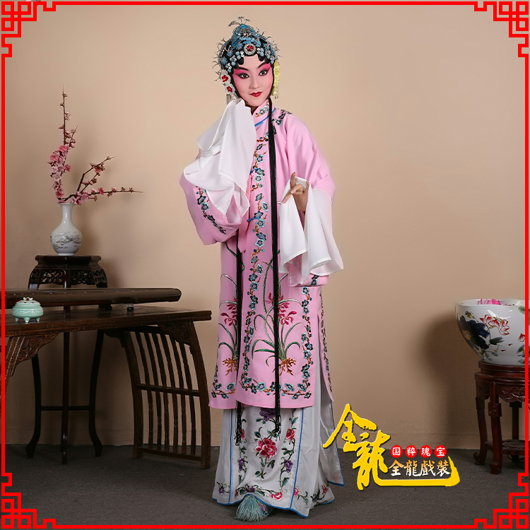 Quanlong costumes are dressed in crepe orchid blue clothes, Peking Opera Yue Opera performance costumes, female Huadan blue clothes, pleated costumes