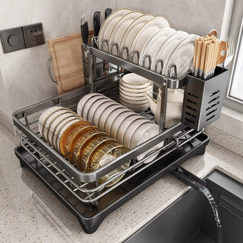 Dish Rack, Draining Bowl Rack, Stainless Steel Kitchen Storage Rack, Double-Layer Bowl and Plate Holder, Dish Draining Basket