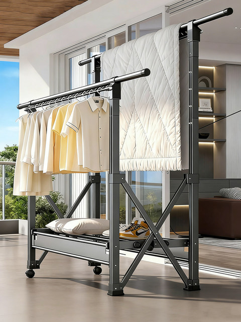 Floor-Standing Balcony Clothes Drying Rack for Home Use, Adjustable Height Clothes Drying Rack, Indoor and Outdoor Quilt Drying Magic Tool, Telescopic Folding Clothes Drying Rod