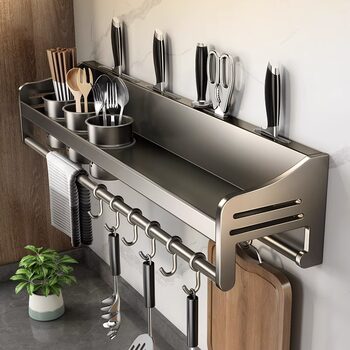 Kitchen Storage Rack Stainless Steel No-Drill Household Wall-Mounted Seasoning Chopsticks Knife Holder Supplies Organizer
