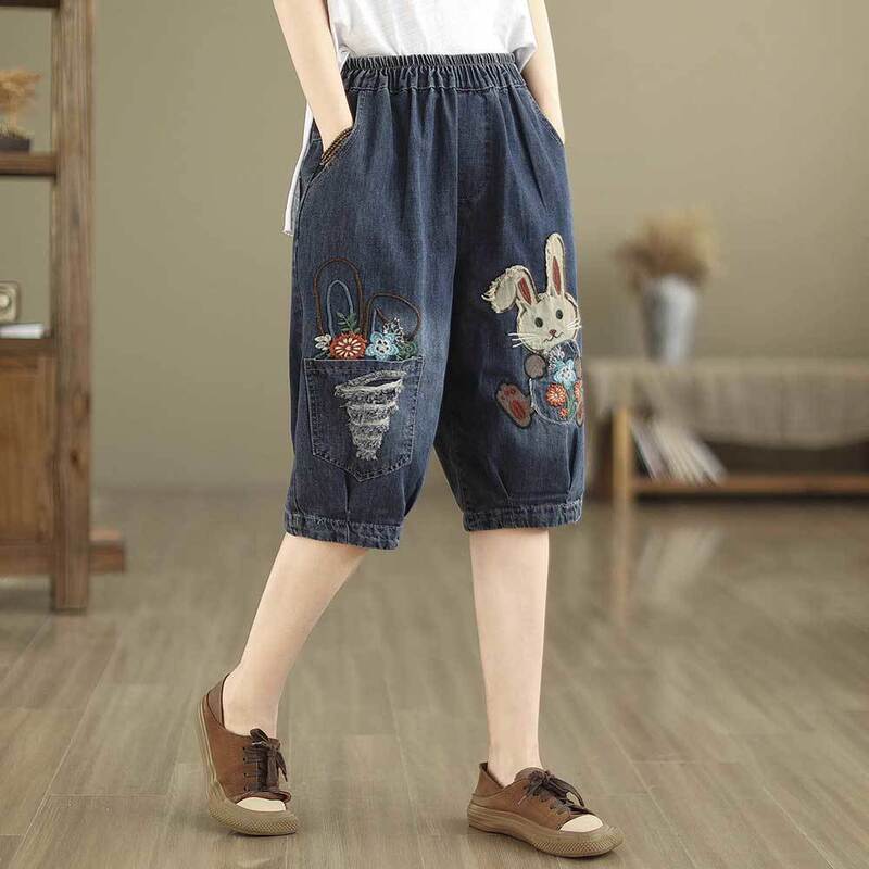 Women's Denim Shorts 2026 Summer Thin Cartoon Ethnic Embroidery Loose Casual Jogger High-Waisted Harem Shorts