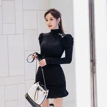 HChen Korea Direct Mail Play Hollow Leaf Little Fish Tail Button Shoulder Chapter Long-sleeved Dress