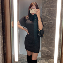 HChen Korea official website direct mail elegance high-collar bat sleeve sleeve slice of hips dress