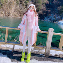 Miss Luxury Date Warm pink New Year Pink leather down jacket jacket Womens long hooded coat